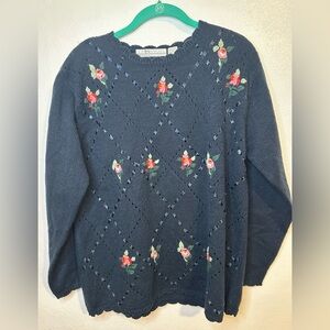 Blue Knit Sweater with Floral Embroidery and Ribbon Detail